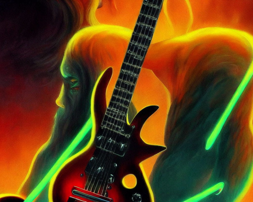 Colorful Artwork: Figure with Flowing Hair Playing Electric Guitar