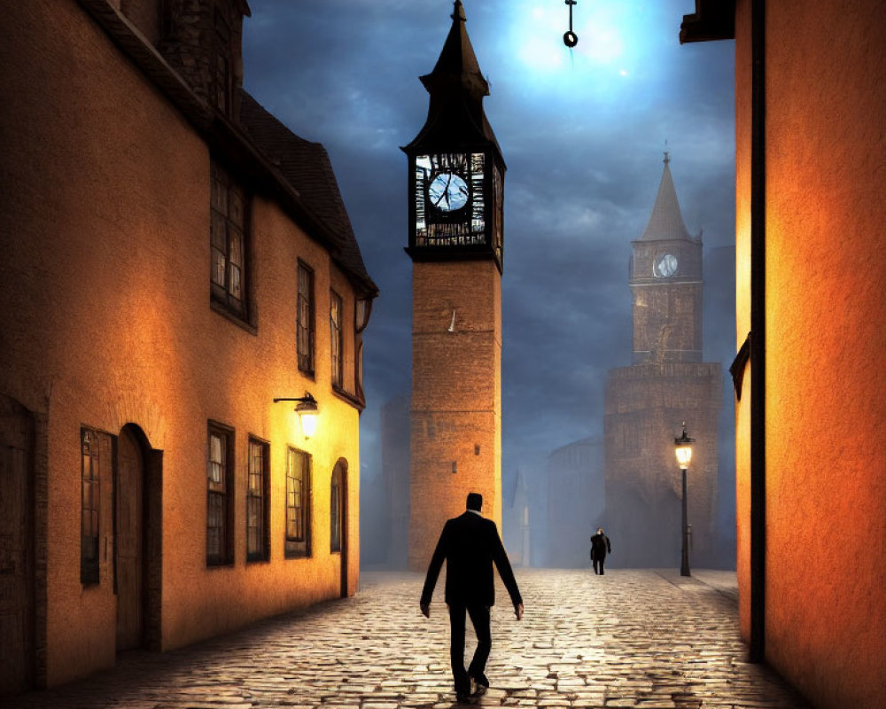 Twilight scene: Person walking on cobblestone street towards illuminated clock tower