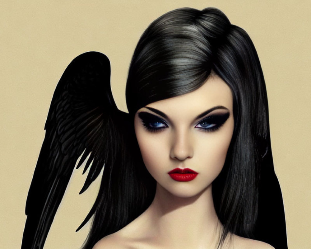 Dark-haired woman with striking makeup and red lips showcasing a single black wing.