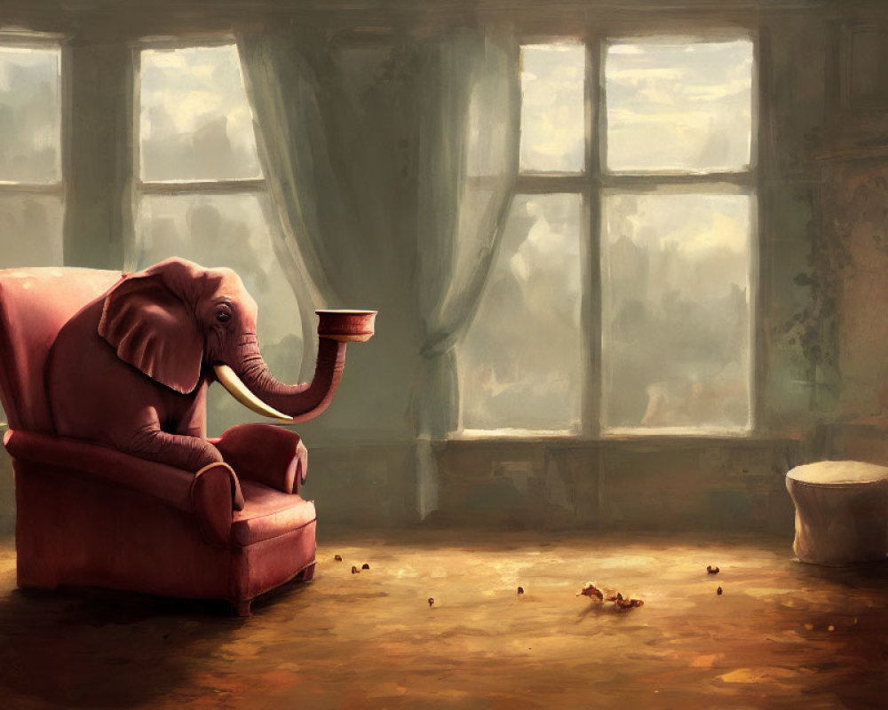 Elephant in armchair with cup in cozy room and sunlight.