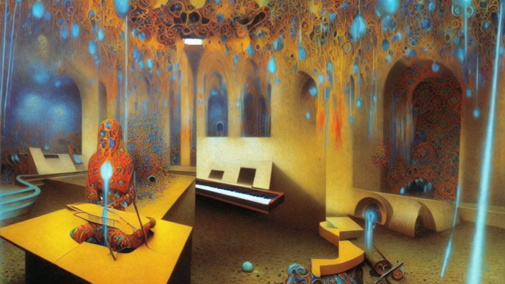 Surreal vibrant room with piano, abstract sculptures, and floating sphere
