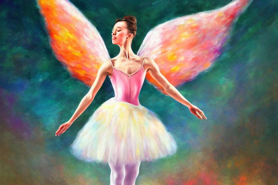 Colorful Ballerina with Butterfly Wings in Pink Bodice and White Tutu on Vibrant Background