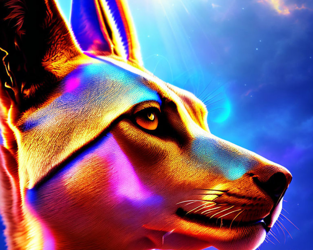 Colorful Egyptian Anubis digital art with cosmic background