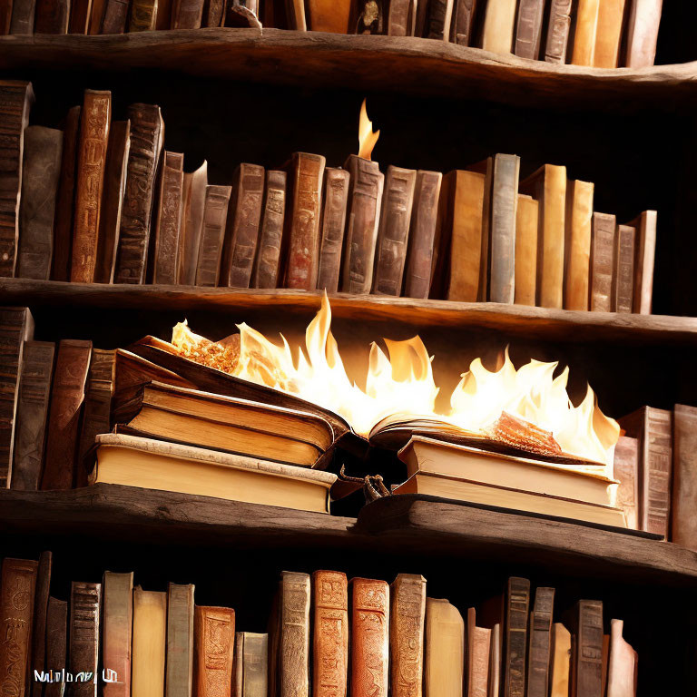 Burning open book on wooden table with old leather-bound books shelves