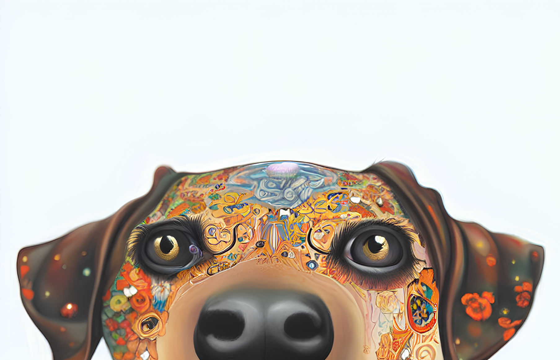 Colorful Dog Illustration with Patterned Forehead and Soulful Eyes