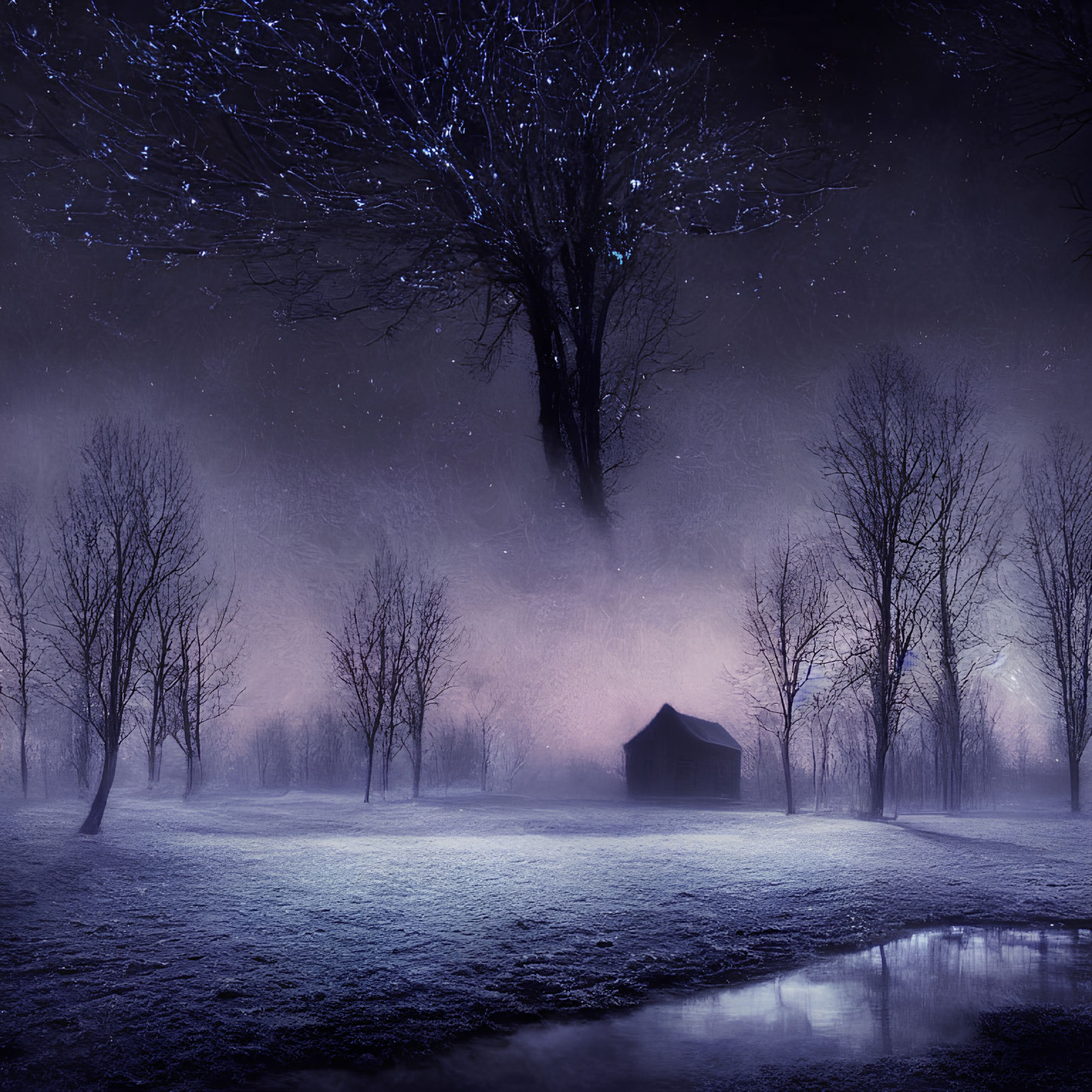 Snowy Night Landscape with Solitary House and Starry Sky