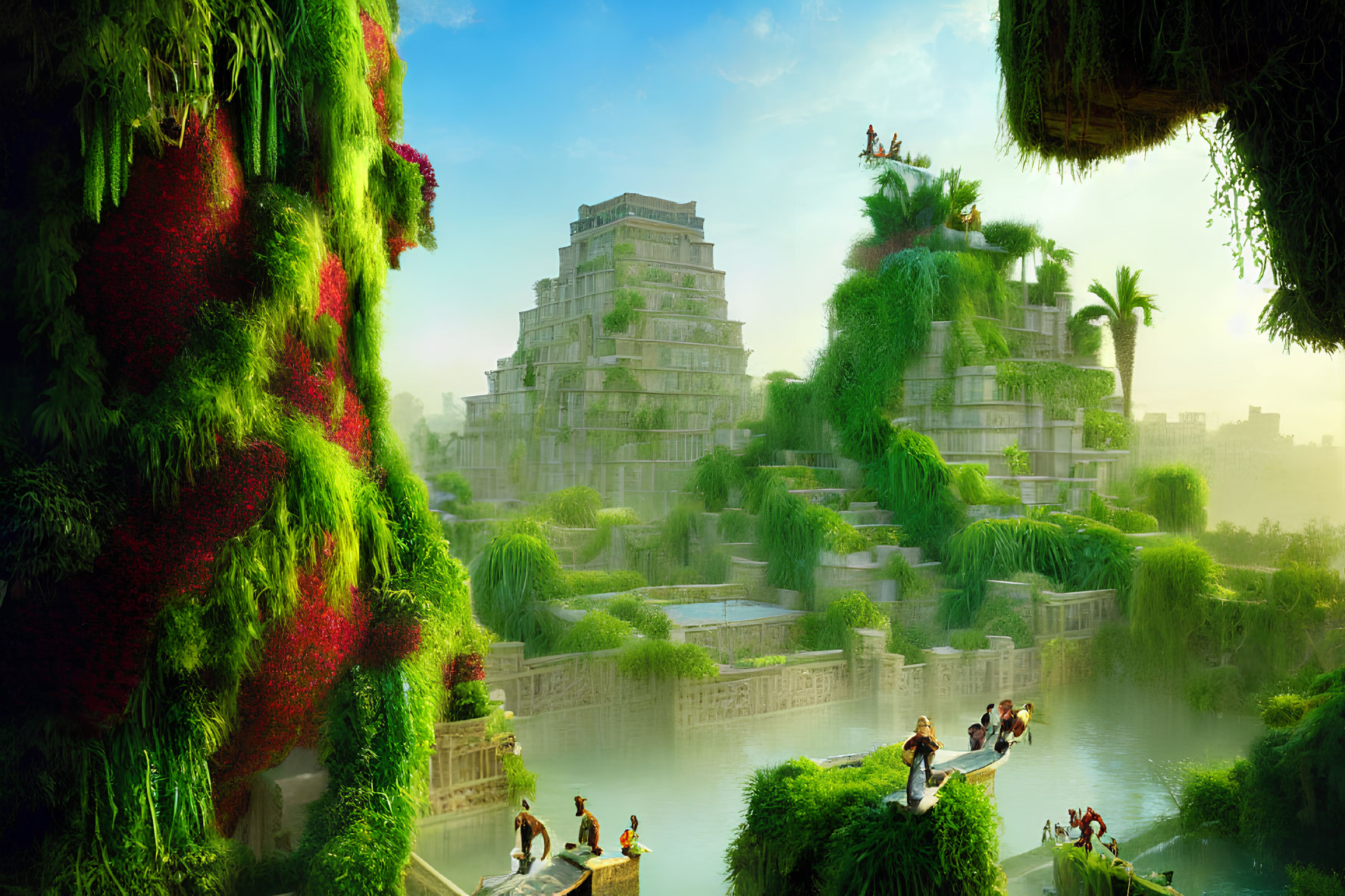 Ancient stepped pyramids in lush greenery with people in serene water-filled setting