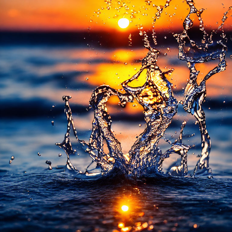Vivid sunset over ocean with water splash and sun reflection