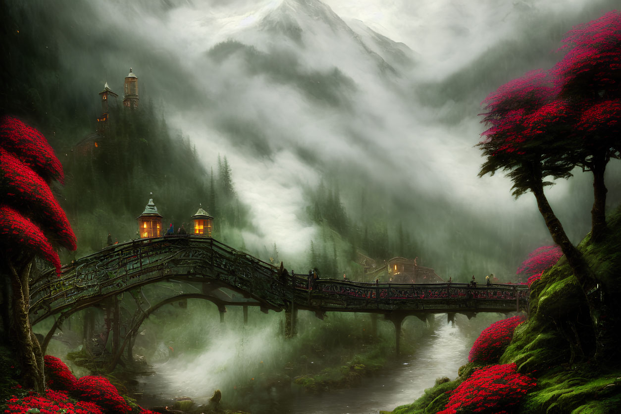 Glowing lanterns on enchanting bridge over misty river with lush greenery and red flowering