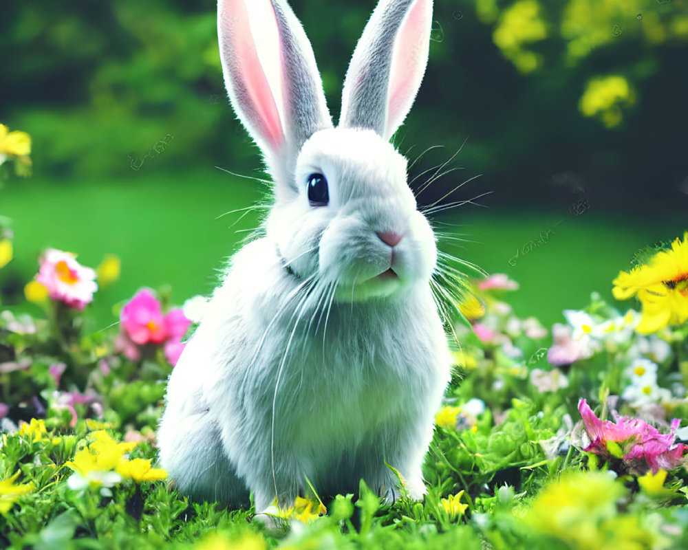 Grey Rabbit Surrounded by Colorful Flowers and Green Grass