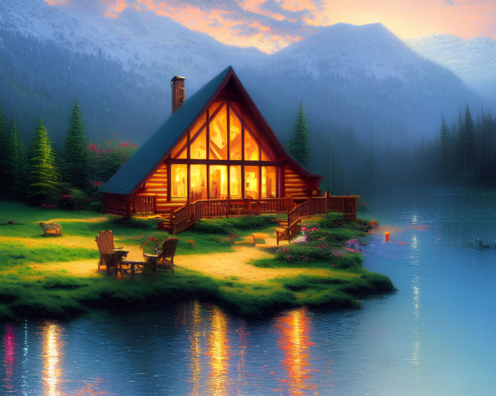 Serene Lake Cabin Surrounded by Pine Trees at Sunset