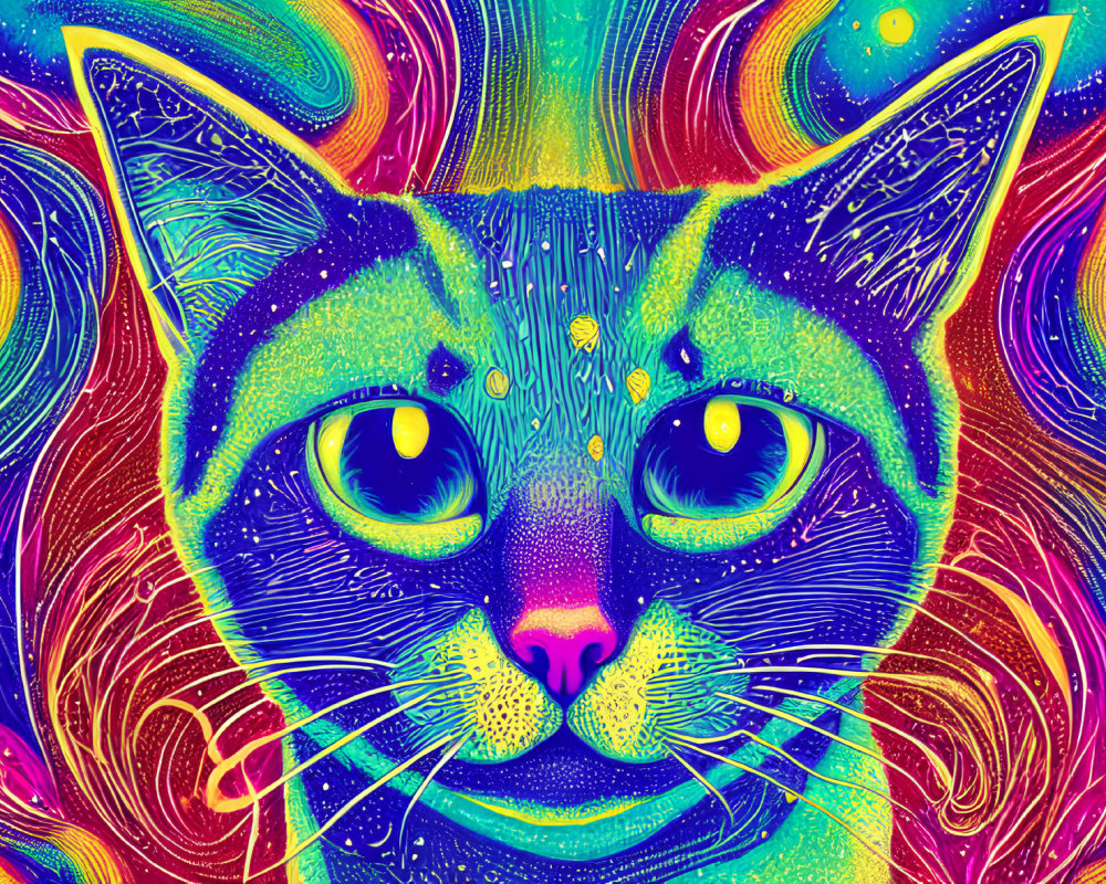 Colorful Psychedelic Cat Illustration in Vibrant Yellow, Blue, and Pink Hues