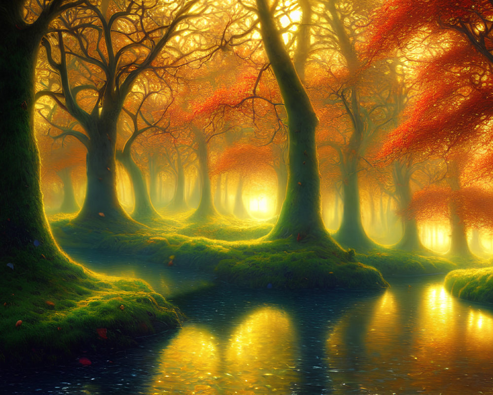 Tranquil Forest Scene: Vibrant Leaves, Sunlight, Calm River