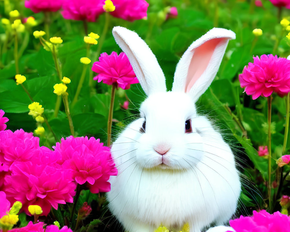White Rabbit Among Pink and Yellow Flowers in Green Field