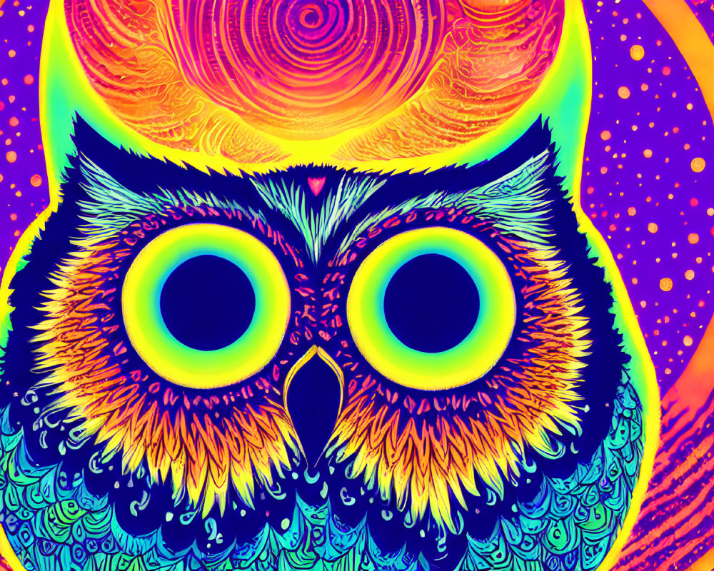 Colorful Owl Artwork with Psychedelic Patterns and Luminous Blue Eyes