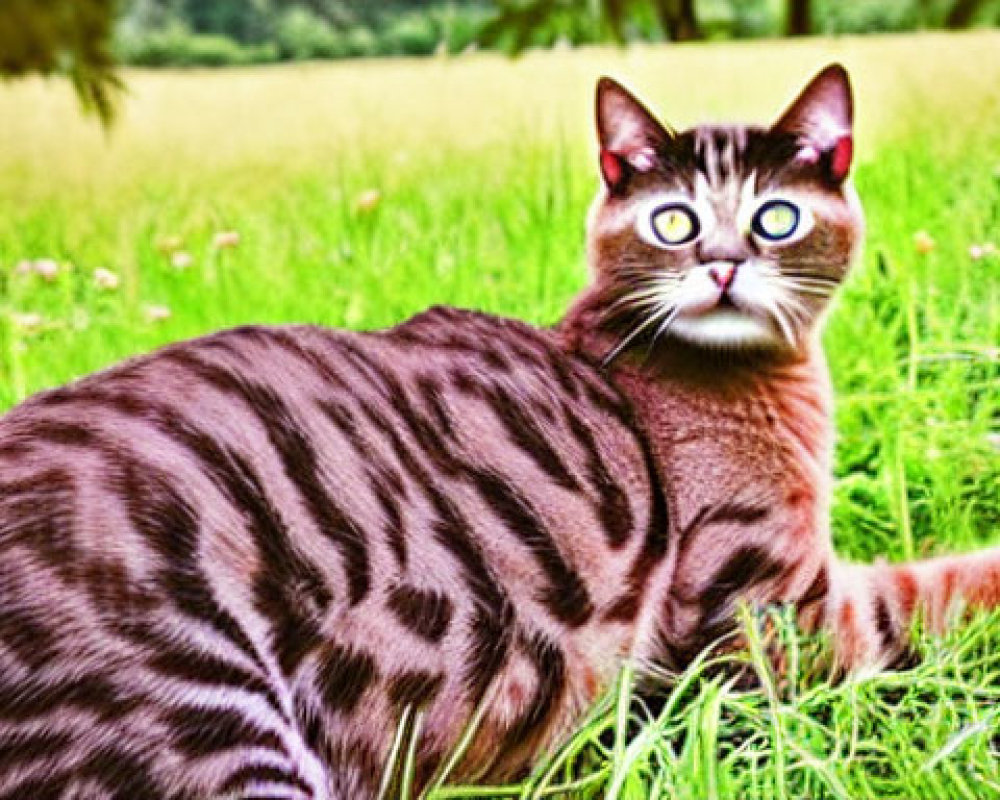 Tabby cat with blue eyes and bold stripes on grass, alert.