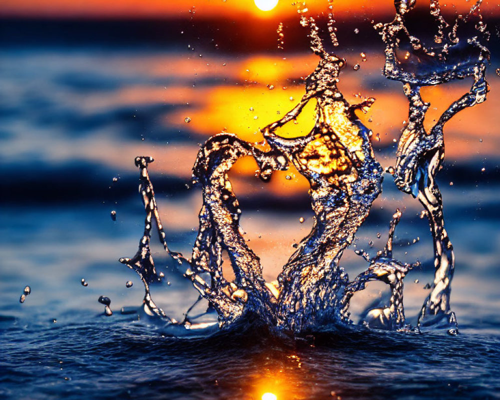 Vivid sunset over ocean with water splash and sun reflection