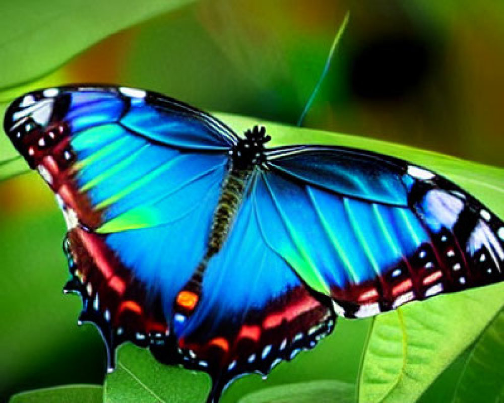 Colorful Blue Butterfly with Black and Orange Markings on Green Leaf