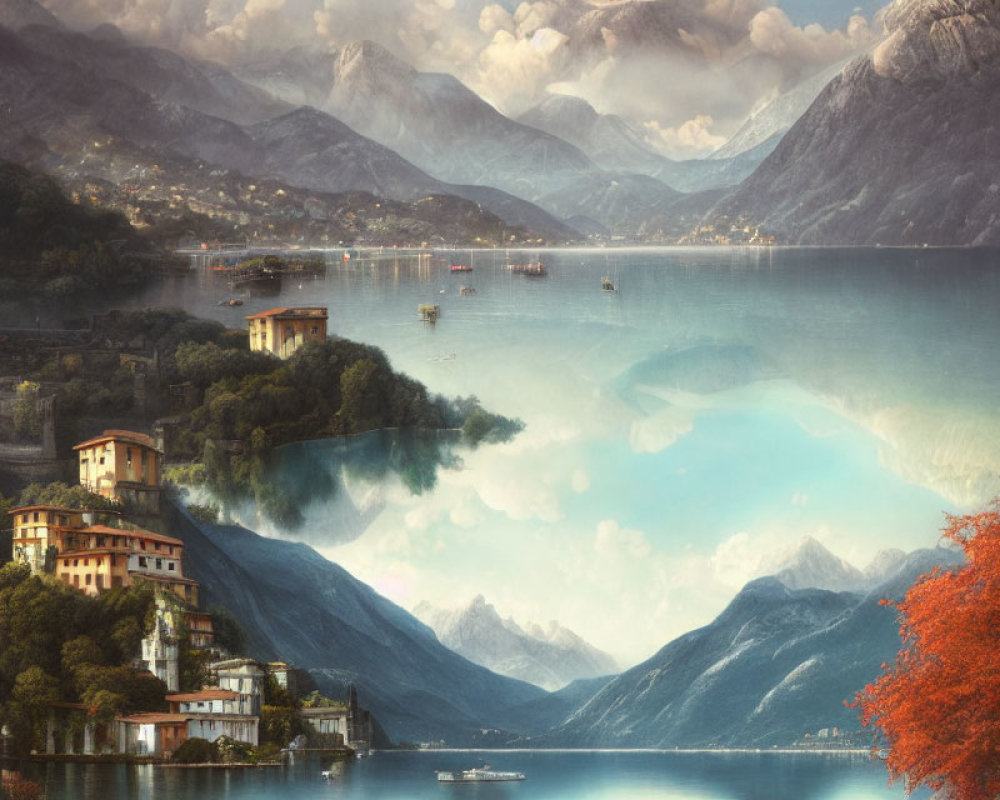 Serene lake scene with misty mountains, buildings, boats, and autumn foliage.