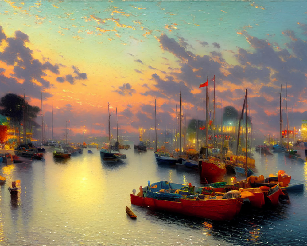 Colorful boats in vibrant harbor scene at sunset with shimmering water reflections and dramatic sky.