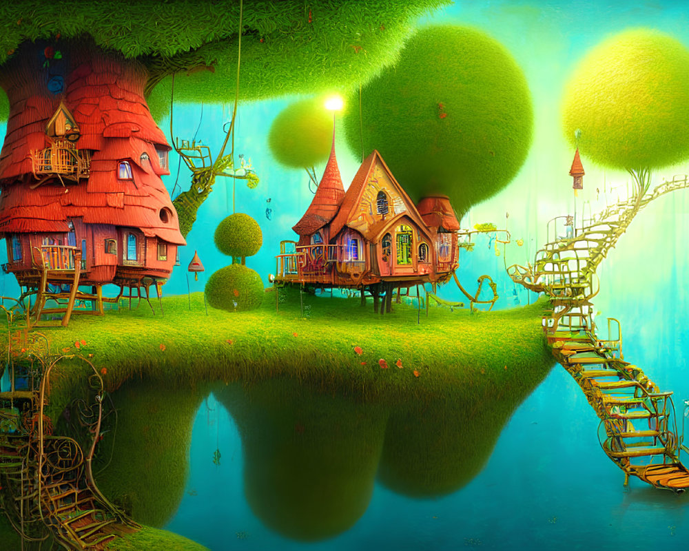 Colorful Whimsical Landscape with Treehouses, Bridges, and Floating Island