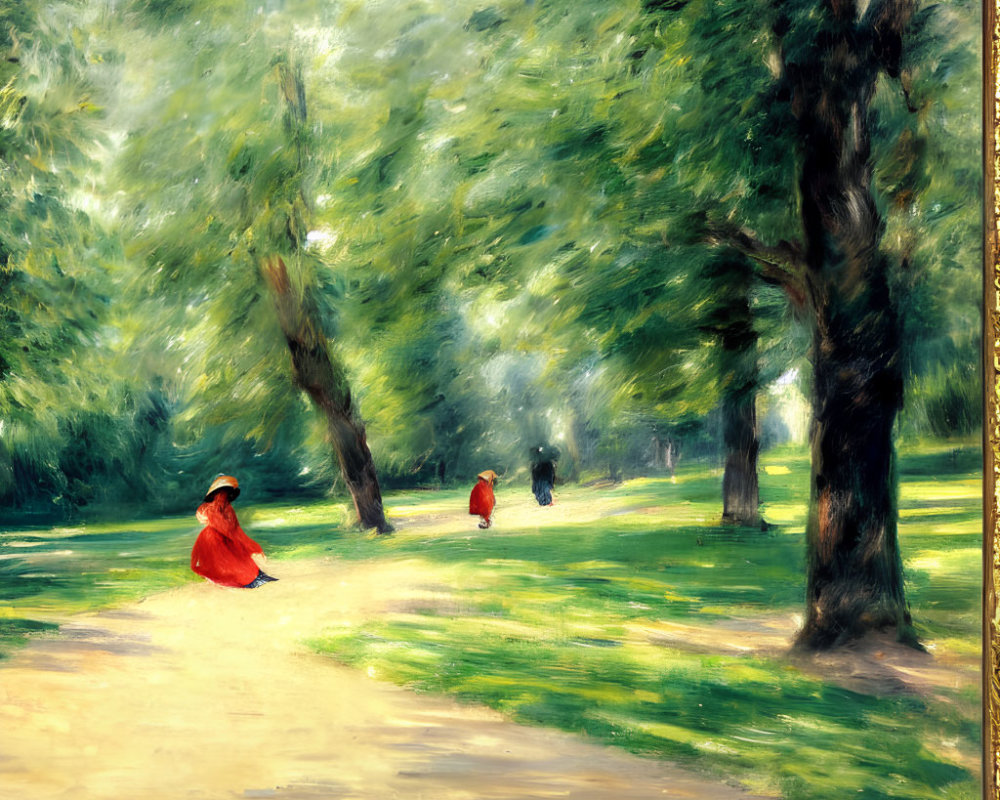 Impressionist painting of sunlit park scene in ornate frame