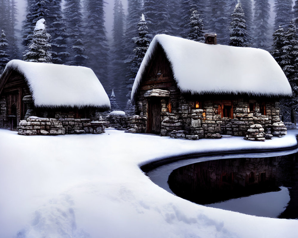 Winter cabins by river in snowy forest with warm glowing windows