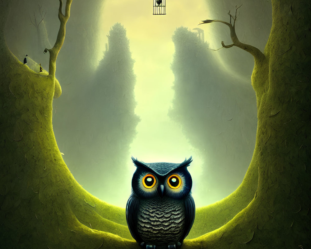 Blue-eyed owl in mystical forest with hanging cage - Art Print
