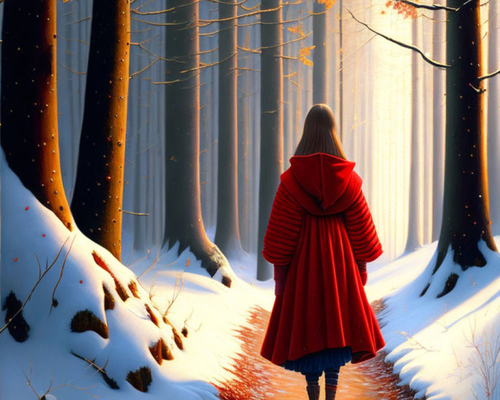 Person in red cloak walking snowy forest path under sunlight