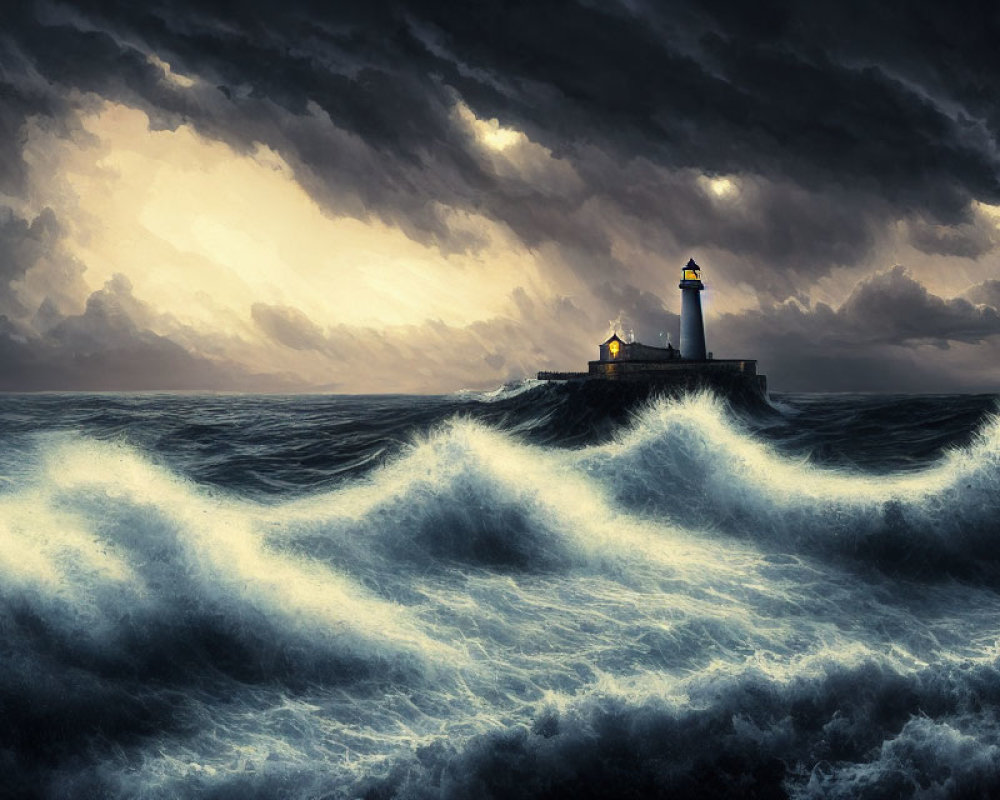 Lighthouse on rocky outcrop under stormy sky with beam of light