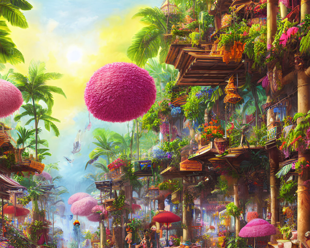 Vibrant fantasy landscape with towering trees and exotic plants