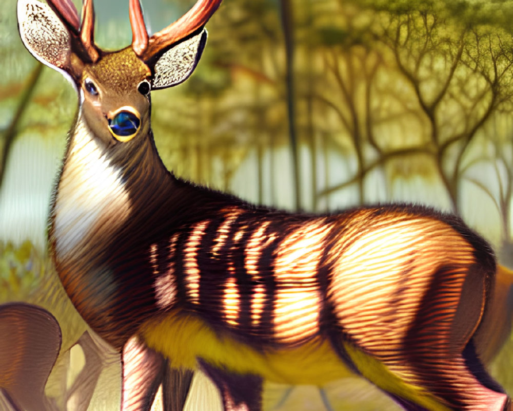 Exaggerated deer with elaborate antlers and vibrant stripes in forest setting