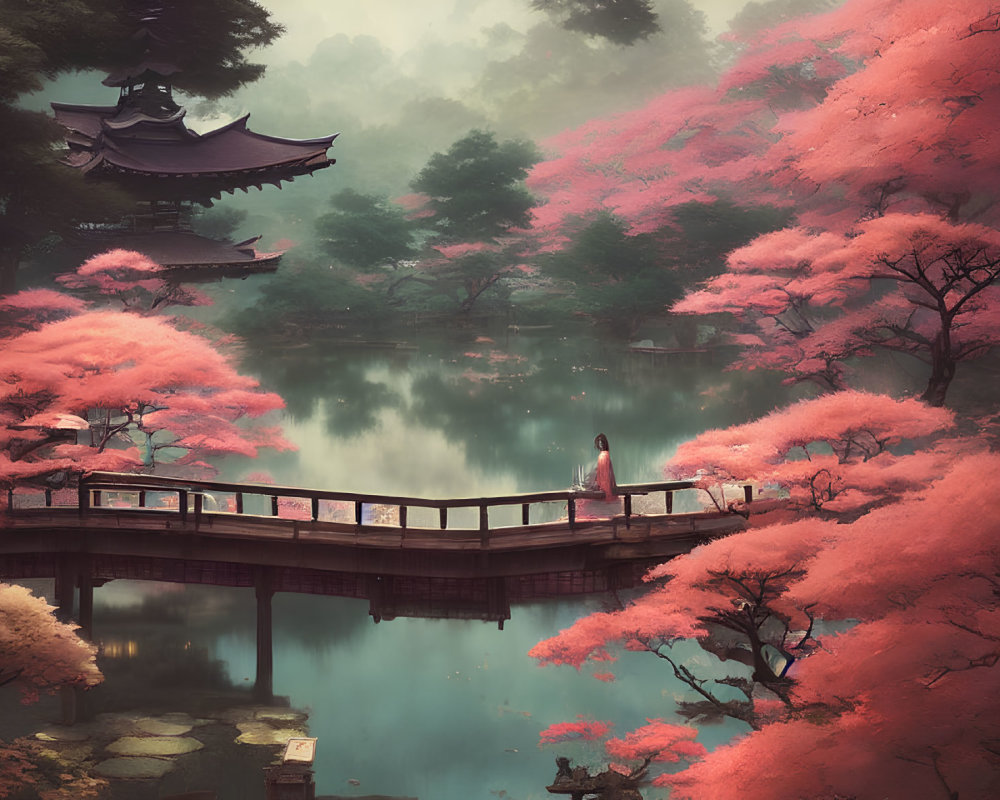 Person on Arched Wooden Bridge Among Pink Flowering Trees, Pond, and Pagoda