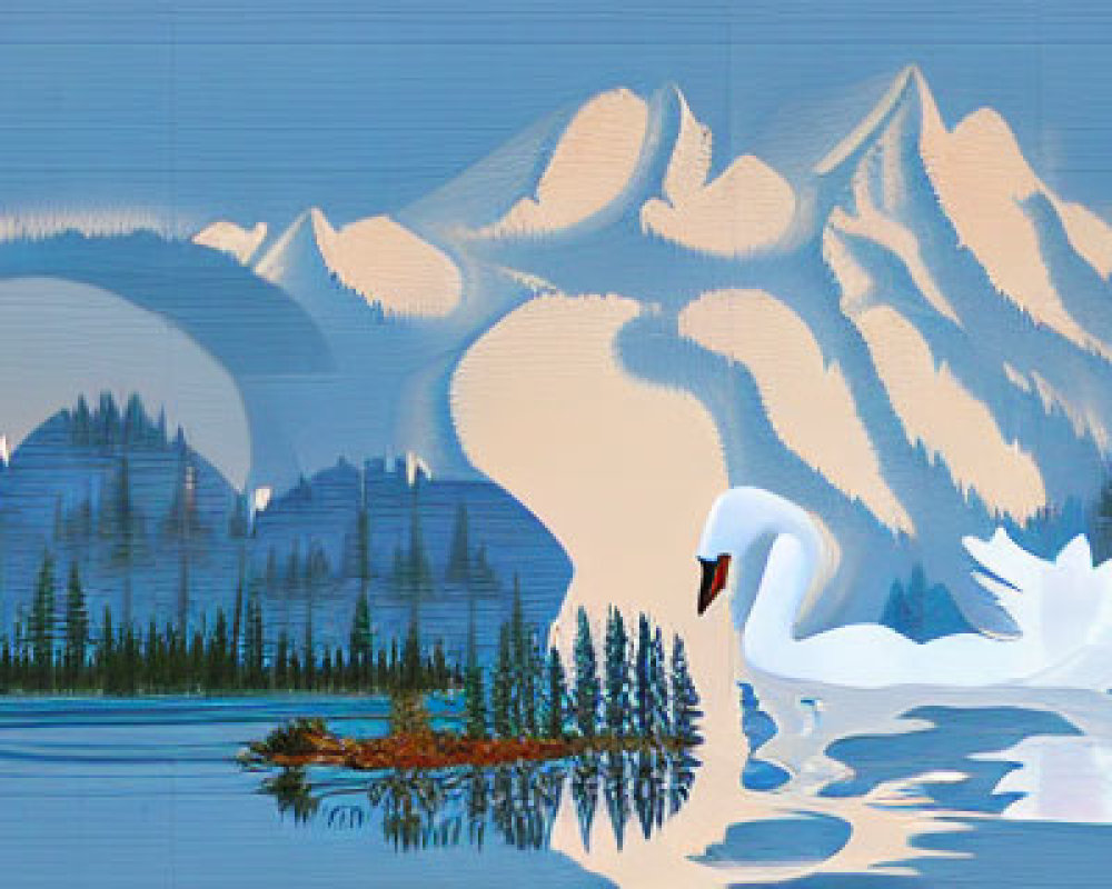 Swan digital art: serene water reflection, snowy mountain backdrop