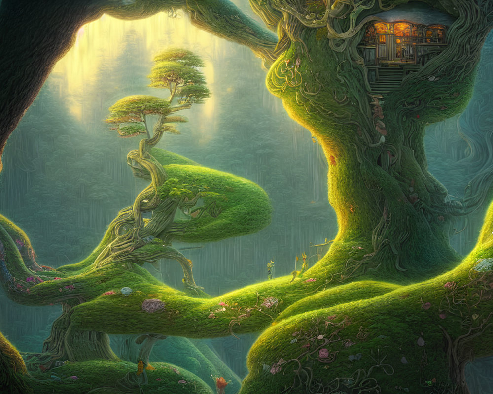 Twisted trees and glowing house in enchanted forest with ethereal light beams