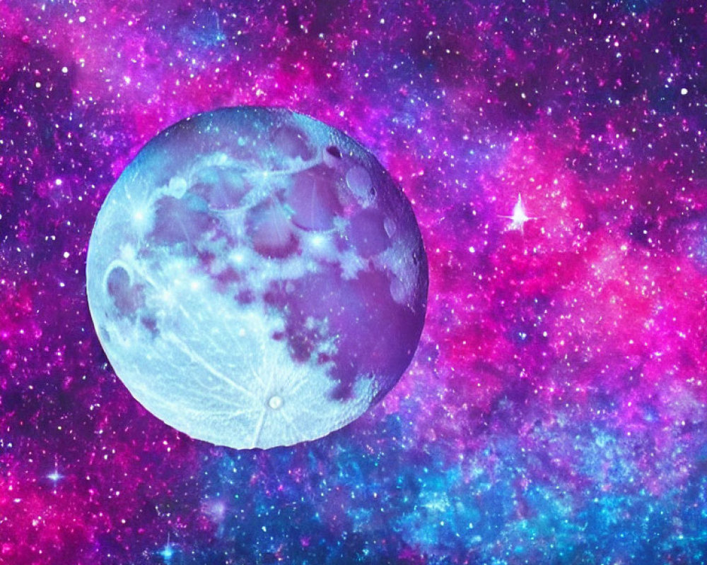 Detailed Blue Moon in Sparkling Pink and Blue Nebula Background