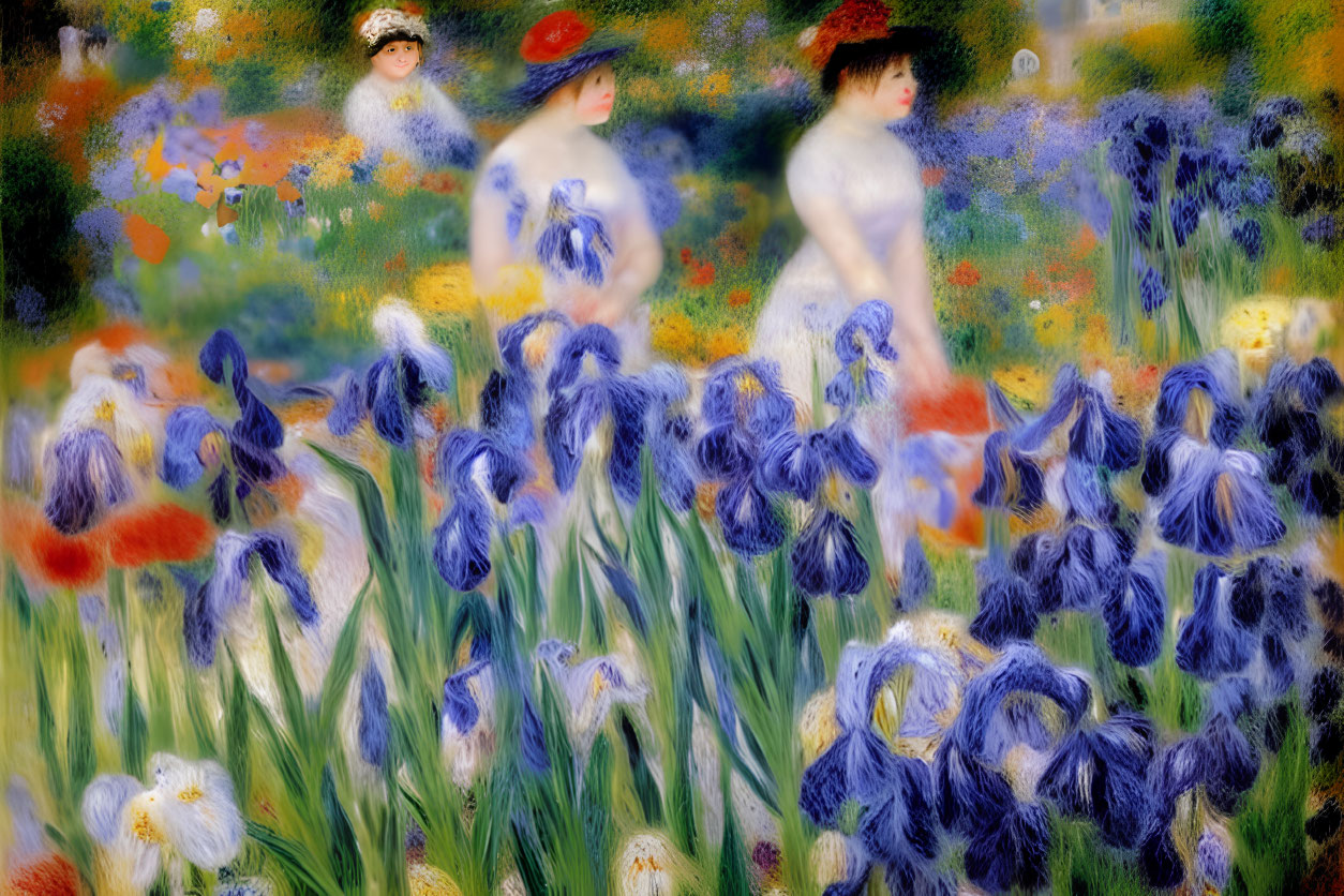 Vibrant impressionistic painting of three women in garden with blue irises.