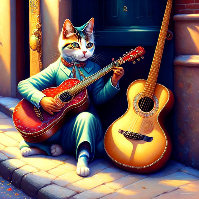 Anthropomorphic cat in blue suit playing red guitar next to yellow guitar against sunlit orange wall with