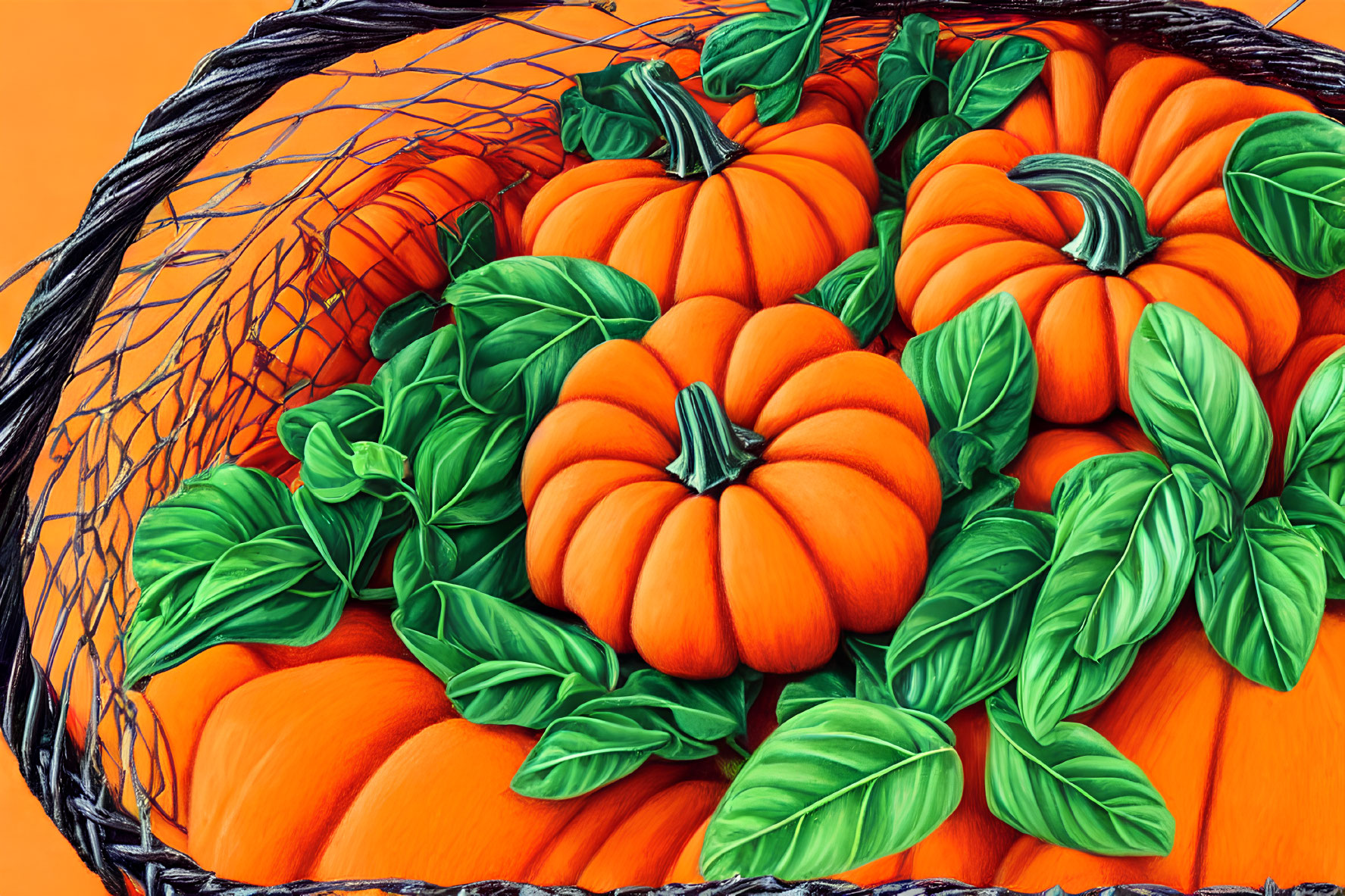 Wire Basket with Pumpkins and Basil Leaves on Orange Background