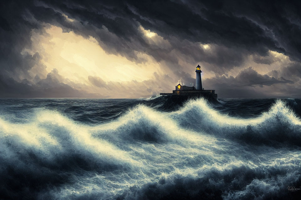 Lighthouse on rocky outcrop under stormy sky with beam of light