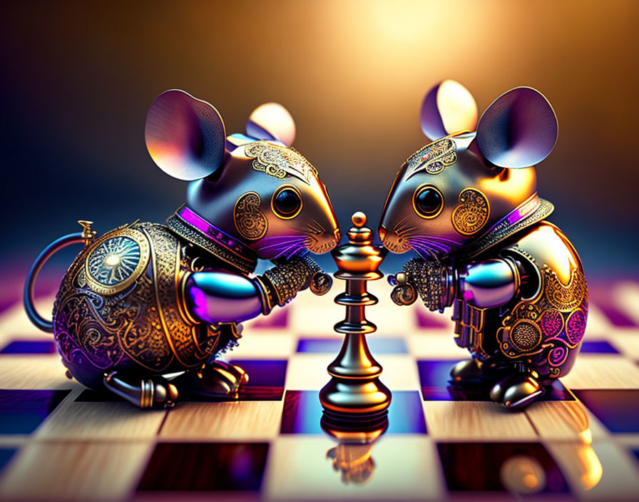 Ornately designed anthropomorphic mice on chessboard in colorful setting