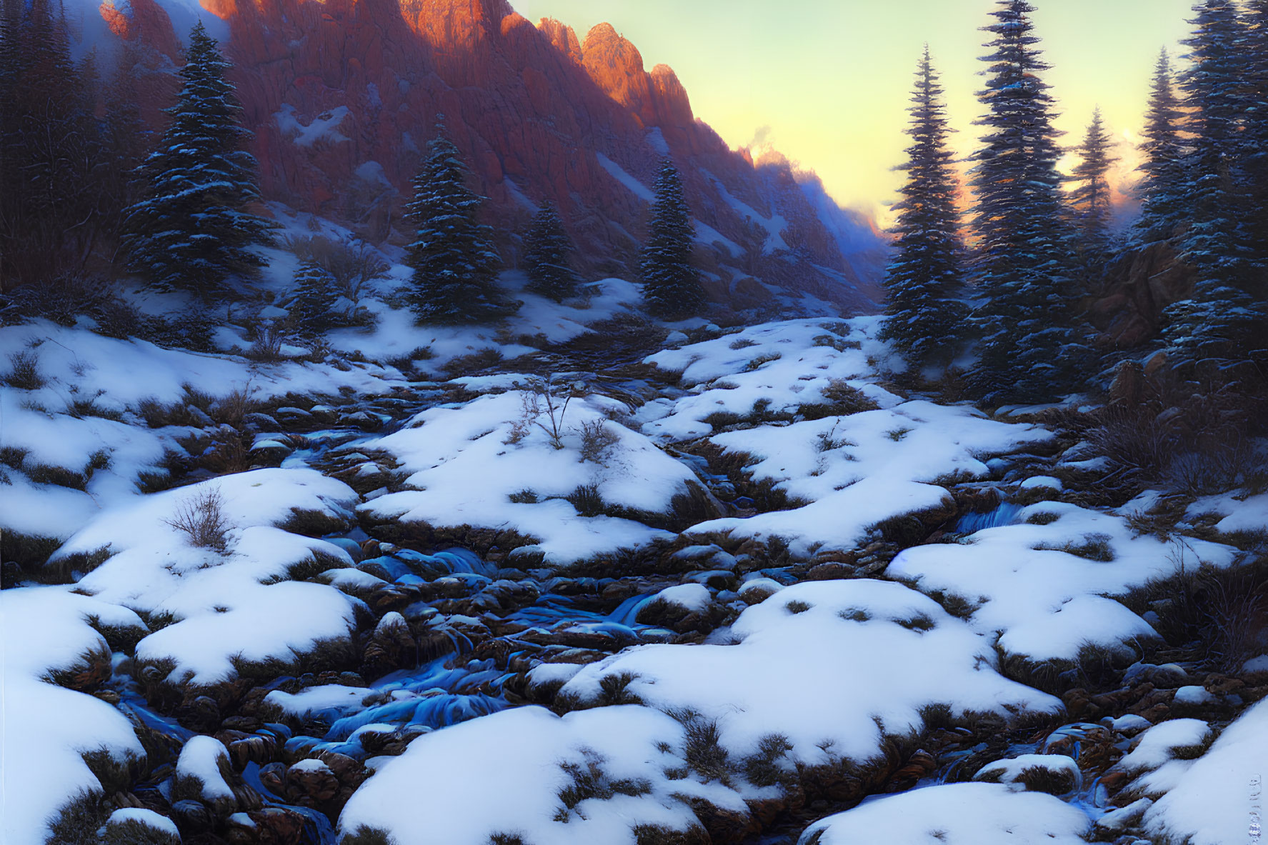 Winter Scene: Snowy Landscape, Winding Stream, Pine Trees, Glowing Mountain