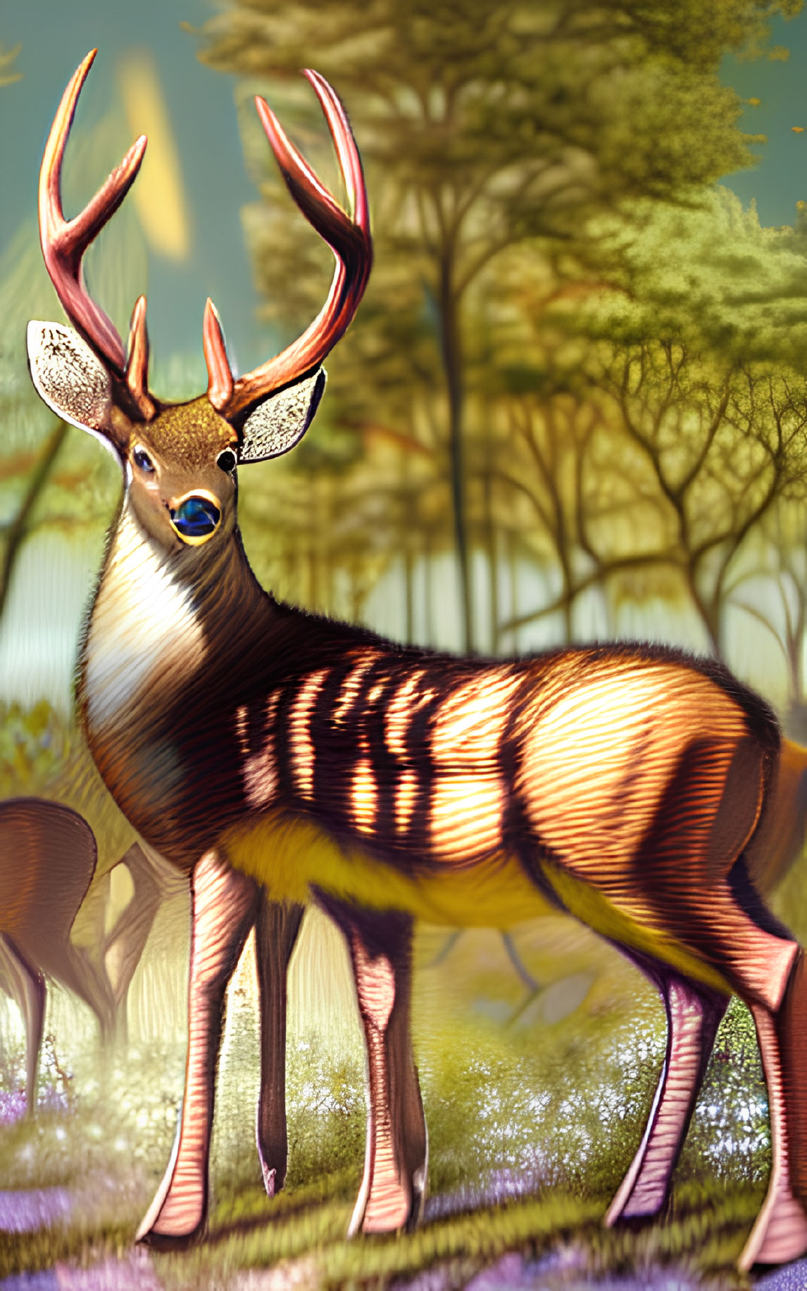 Exaggerated deer with elaborate antlers and vibrant stripes in forest setting