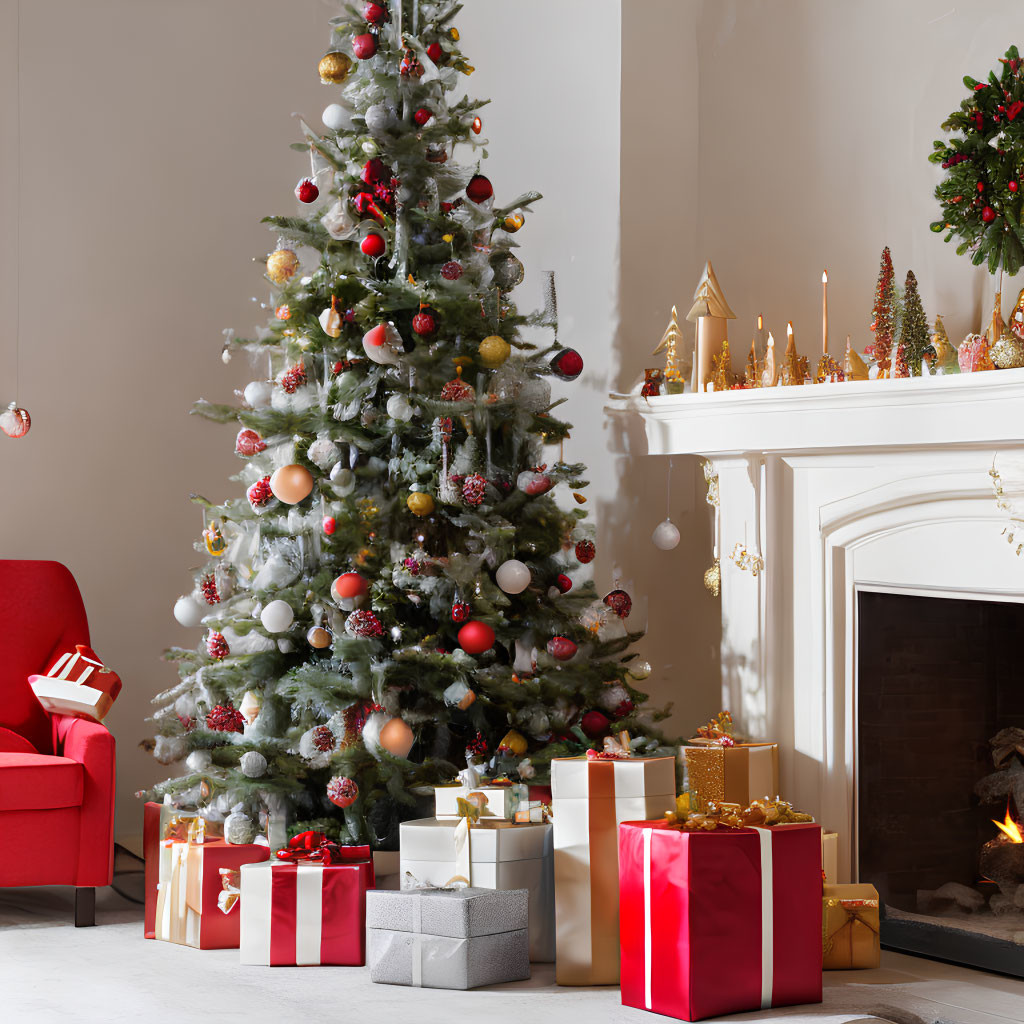 Festive Christmas scene with decorated tree, presents, fireplace, and armchair