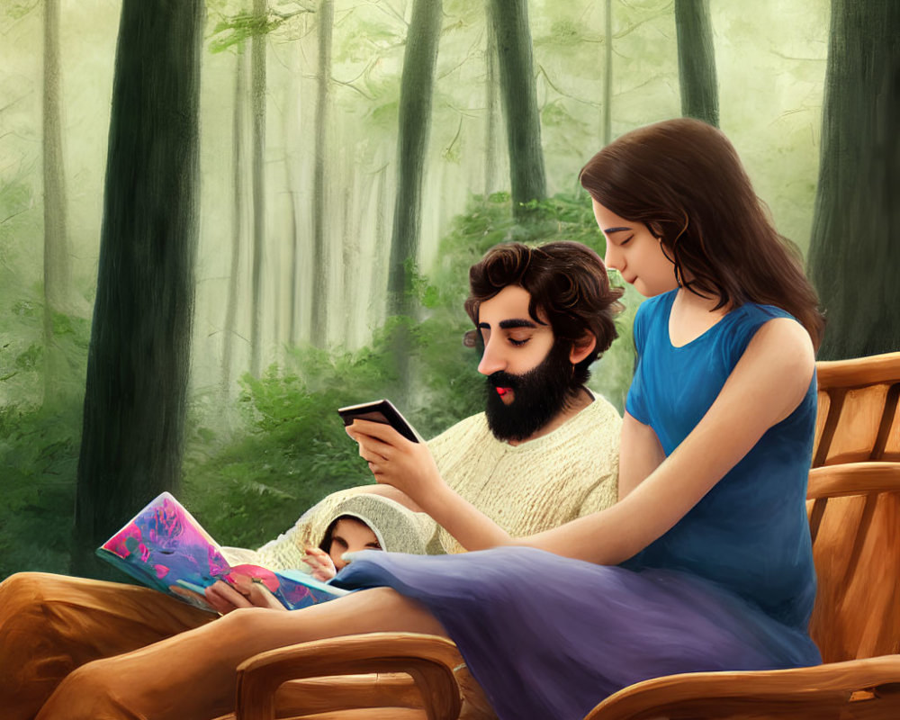 Couple on wooden bench in misty forest: man with phone, woman reading book.