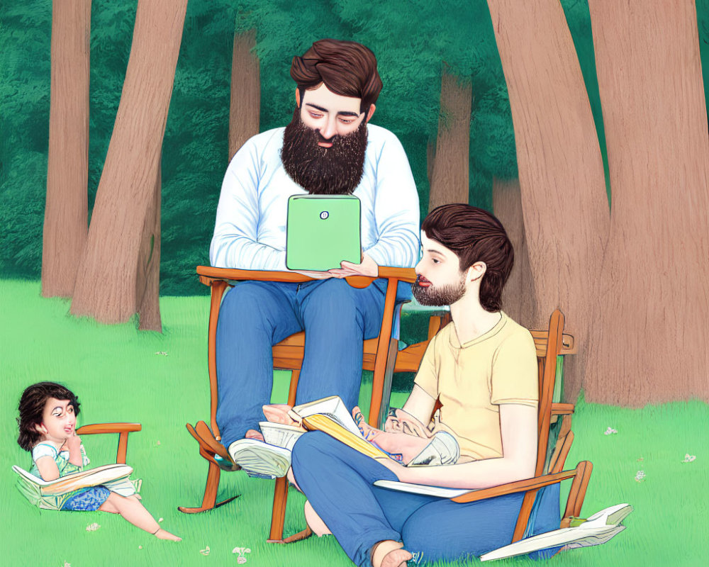 Two men and a child outdoors: one reads, the other uses a tablet