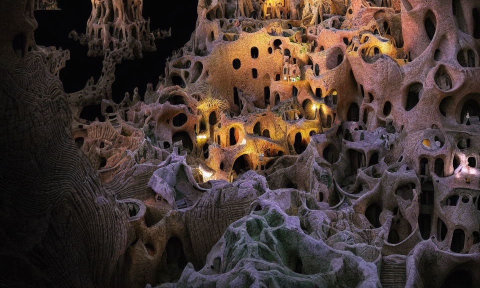 Fractal Alien City Landscape with Lit Windows in Dark & Golden Hues
