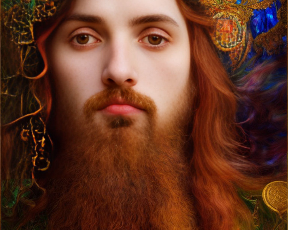 Bearded man with long hair against colorful intricate backdrop