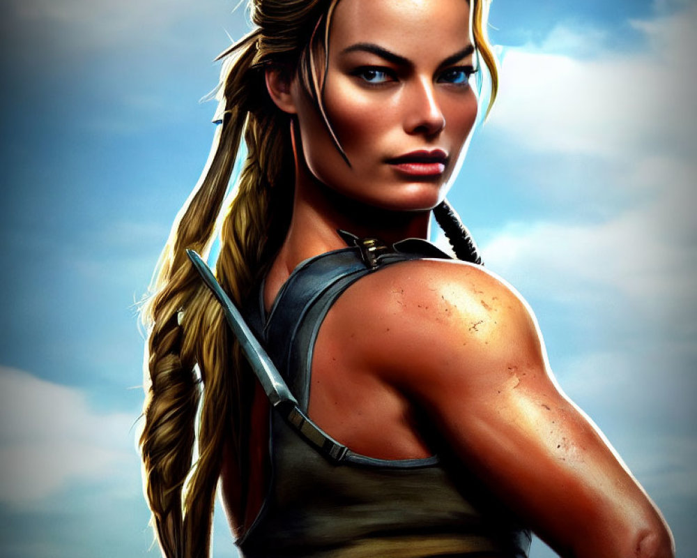 Digital artwork of a female warrior with a braid holding a spear under cloudy sky