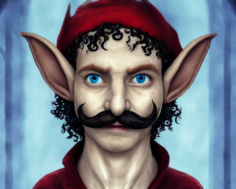 Character with Pointed Ears, Blue Eyes, Curly Hair, Large Mustache, Red Cap